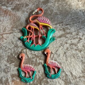 Flamingo Brooch and Earring Set - Pink and Green